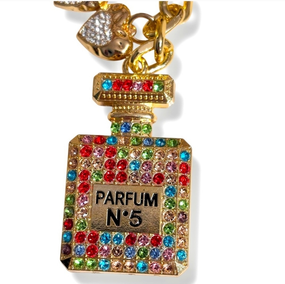 Multi-Colored Rhinestone Perfume Bottle Bag Charm with Pavé Hearts & Bows NEW!